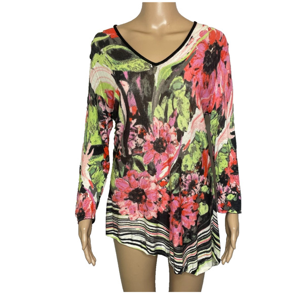 Women XL Nic & Zoe Floral Print Asymmetrical V-Neck Linen Blend Pullover Sweater - Picture 1 of 4